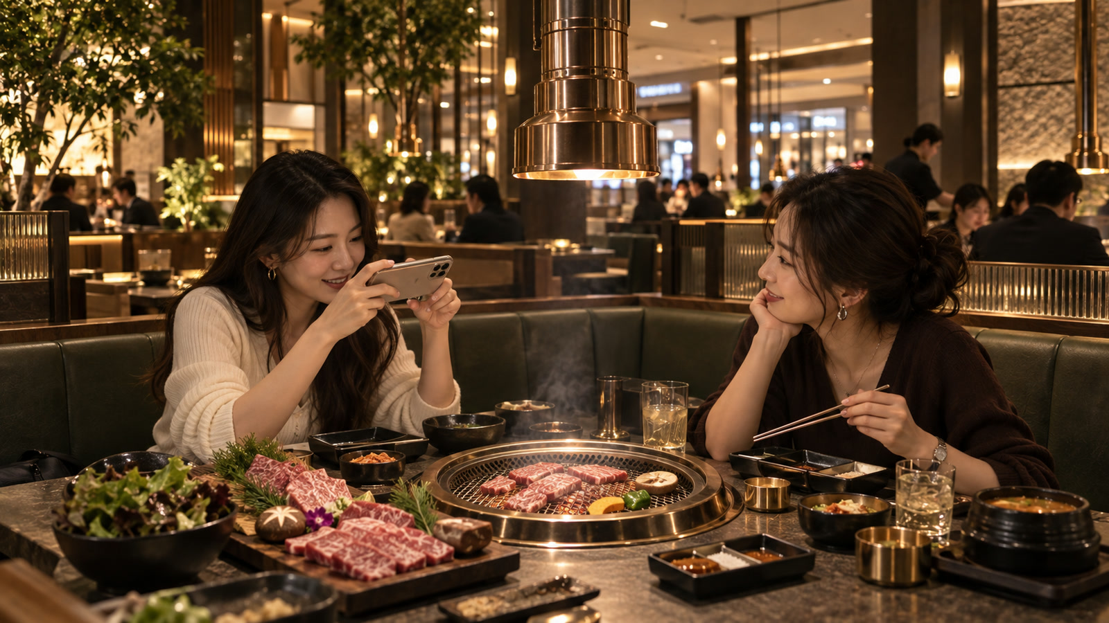 两位女性在暖调炭烤空间用餐并拍摄菜品的场景意向
